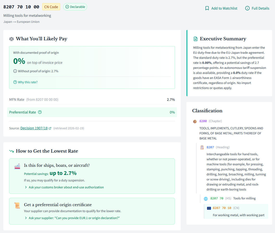 ZTI Tariff Lookup showing effective duty rate and savings